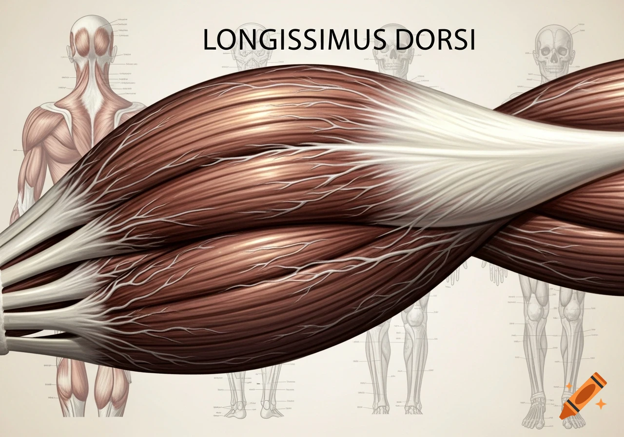 Detailed anatomical illustration of the longissimus dorsi muscle in the foreground, with faint human skeletal and muscular diagrams in the background.