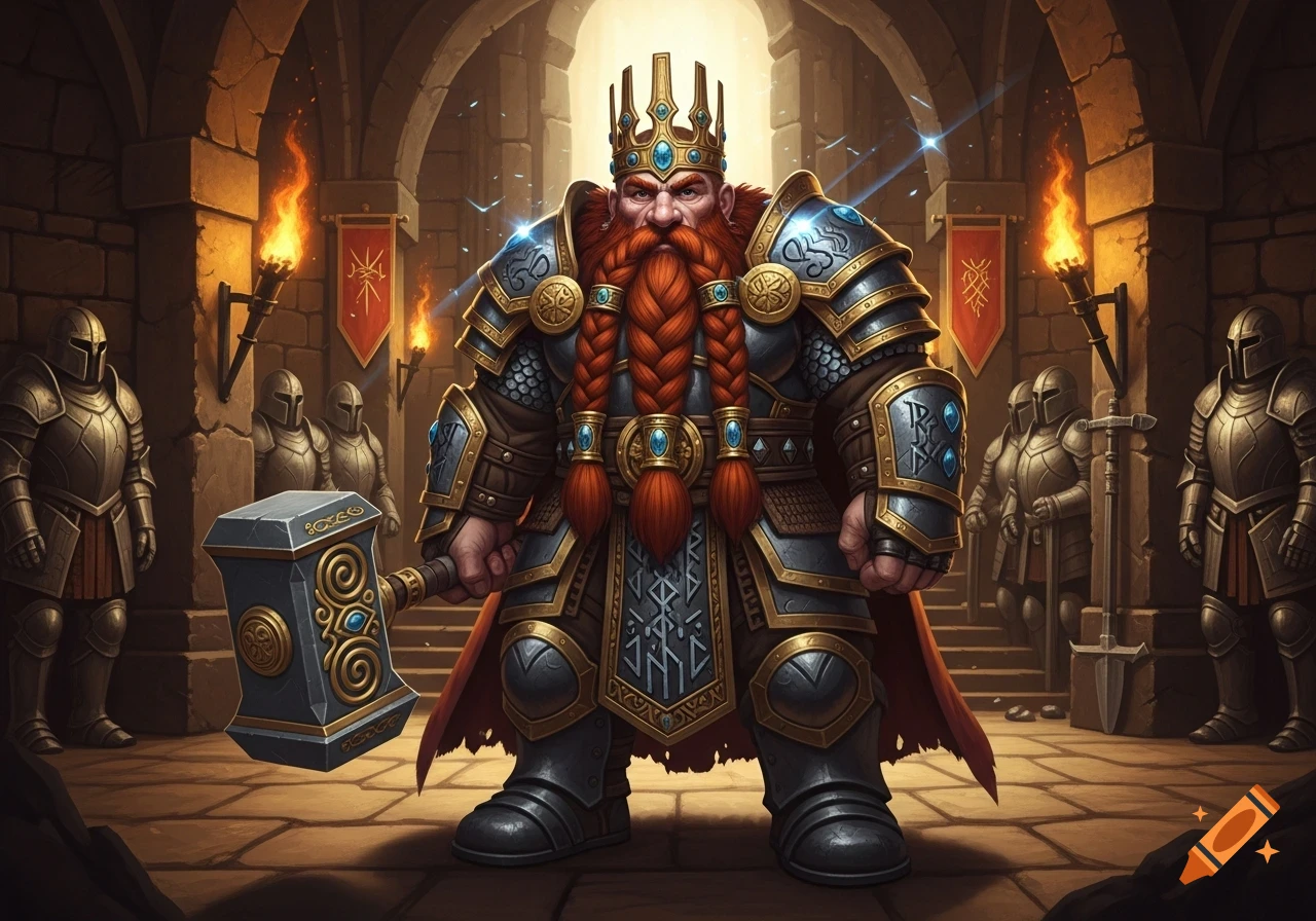 A powerful dwarf warrior king with a braided red beard, golden crown, and ornate armor holds a warhammer in a stone castle hall.
