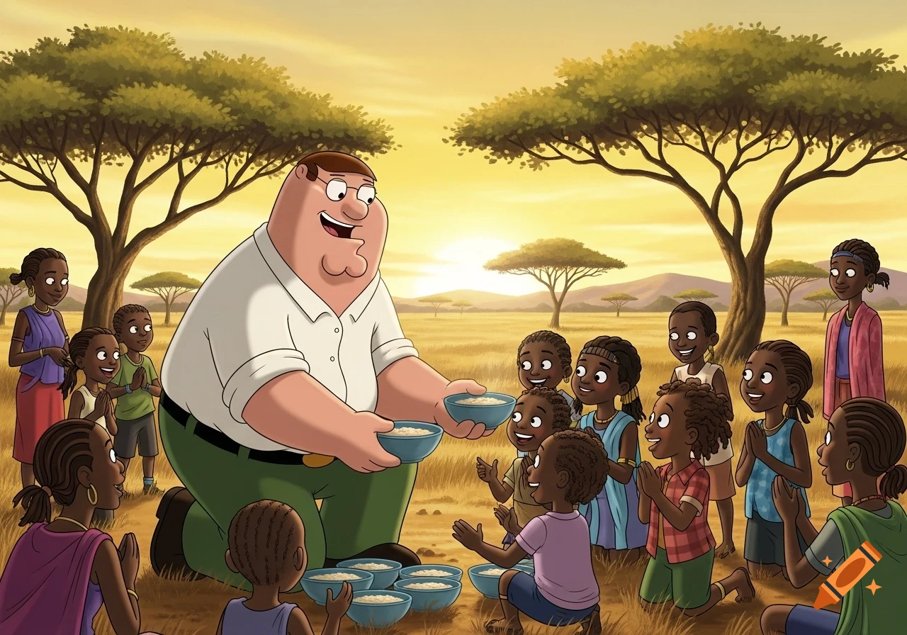 Cartoon Peter Griffin kneels to feed children from bowls in an African savanna landscape at sunset.