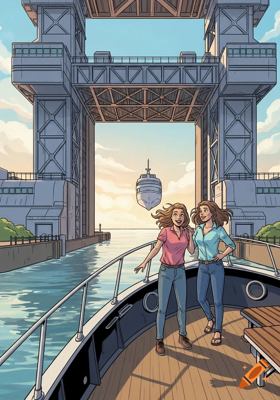 Two smiling women on a boat entering a large boat lift, with another ship visible in the distance, comic style.