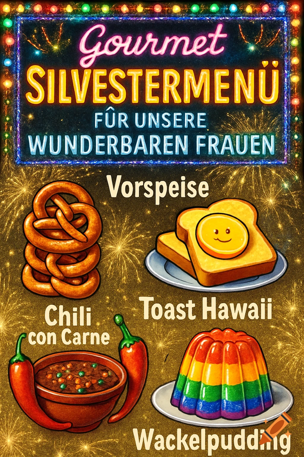 A festive menu for New Year's Eve with a neon sign and fireworks background. Featured dishes include pretzels, toast Hawaii, chili con carne, and rainbow jelly.