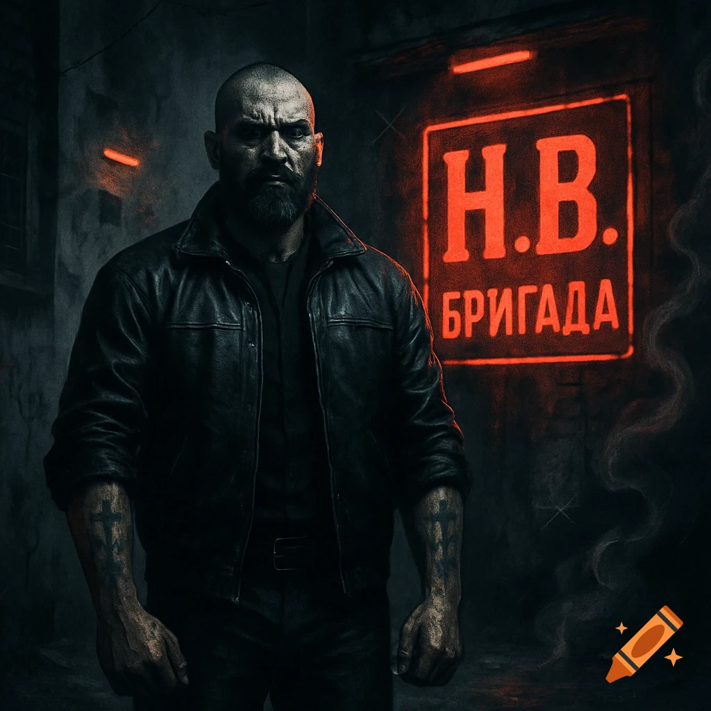 A stern bald man in a black leather jacket and tattoos stands in a dark alley with a red neon 'H.B. БРИГАДА' sign.