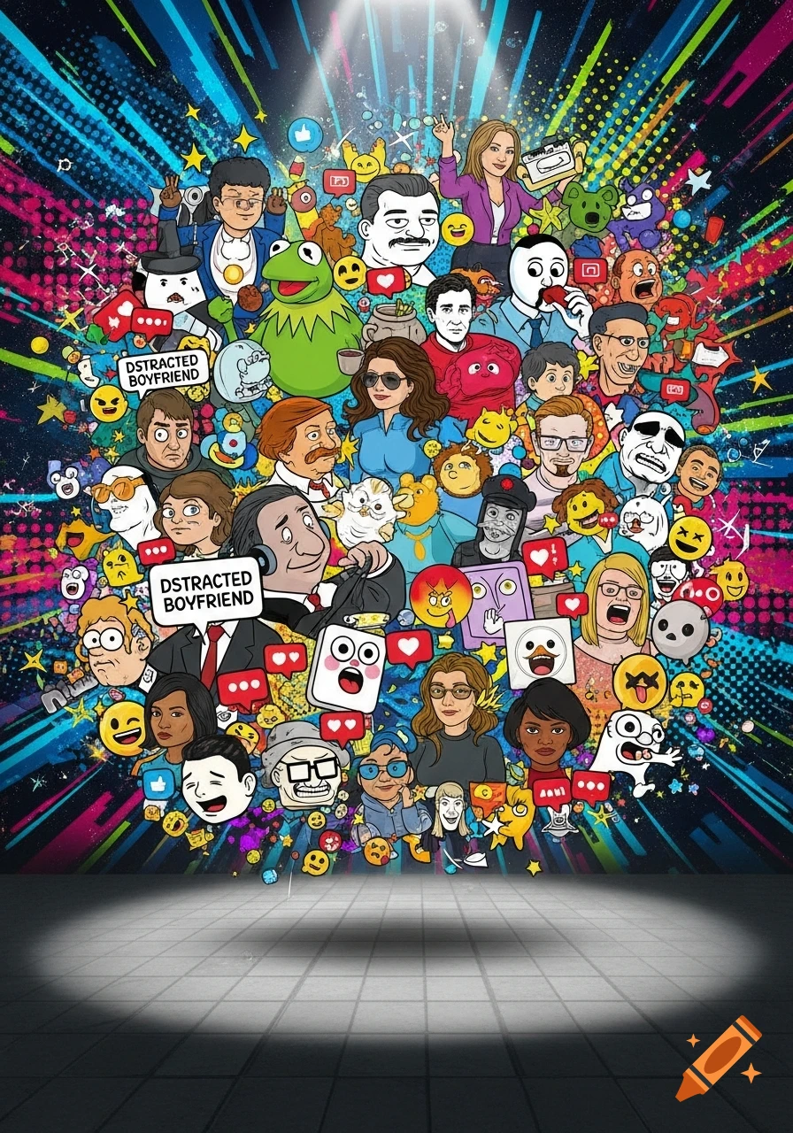 A vibrant cartoon collage of numerous internet memes and characters, including Kermit and the Distracted Boyfriend meme, surrounded by social media icons.