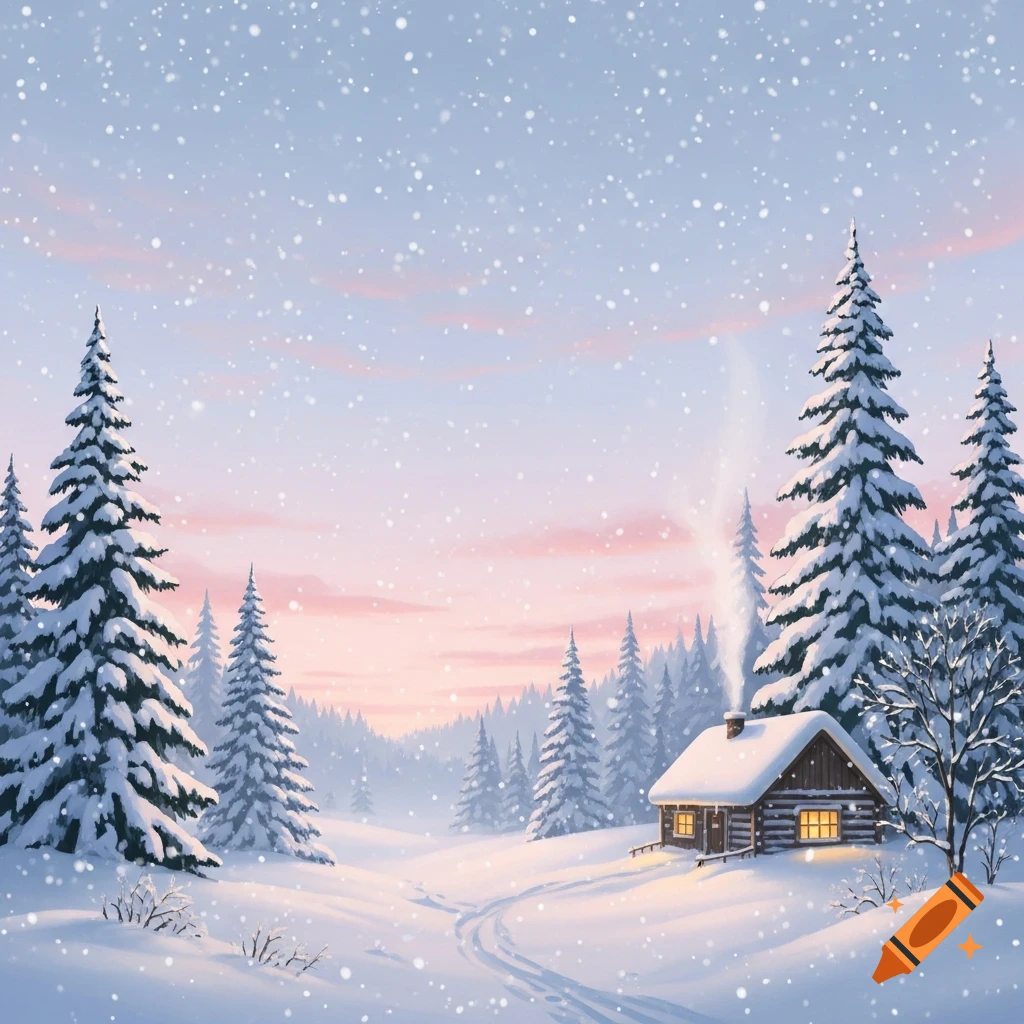 A cozy log cabin in a snowy winter landscape with evergreen trees under a pink and blue sky, with snow falling.