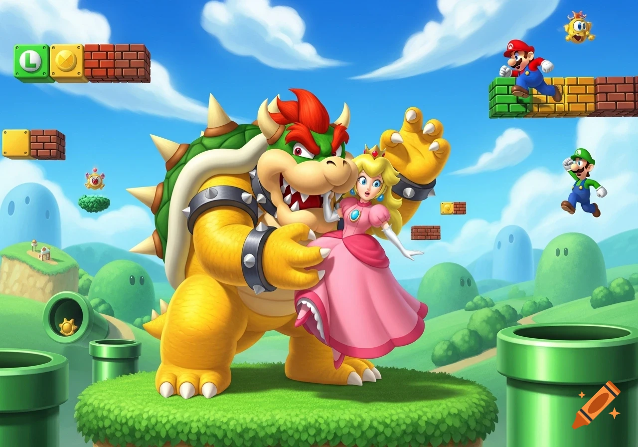 Bowser kidnaps Princess Peach while Mario and Luigi run through a vibrant Super Mario Bros. cartoon landscape with blocks and pipes.