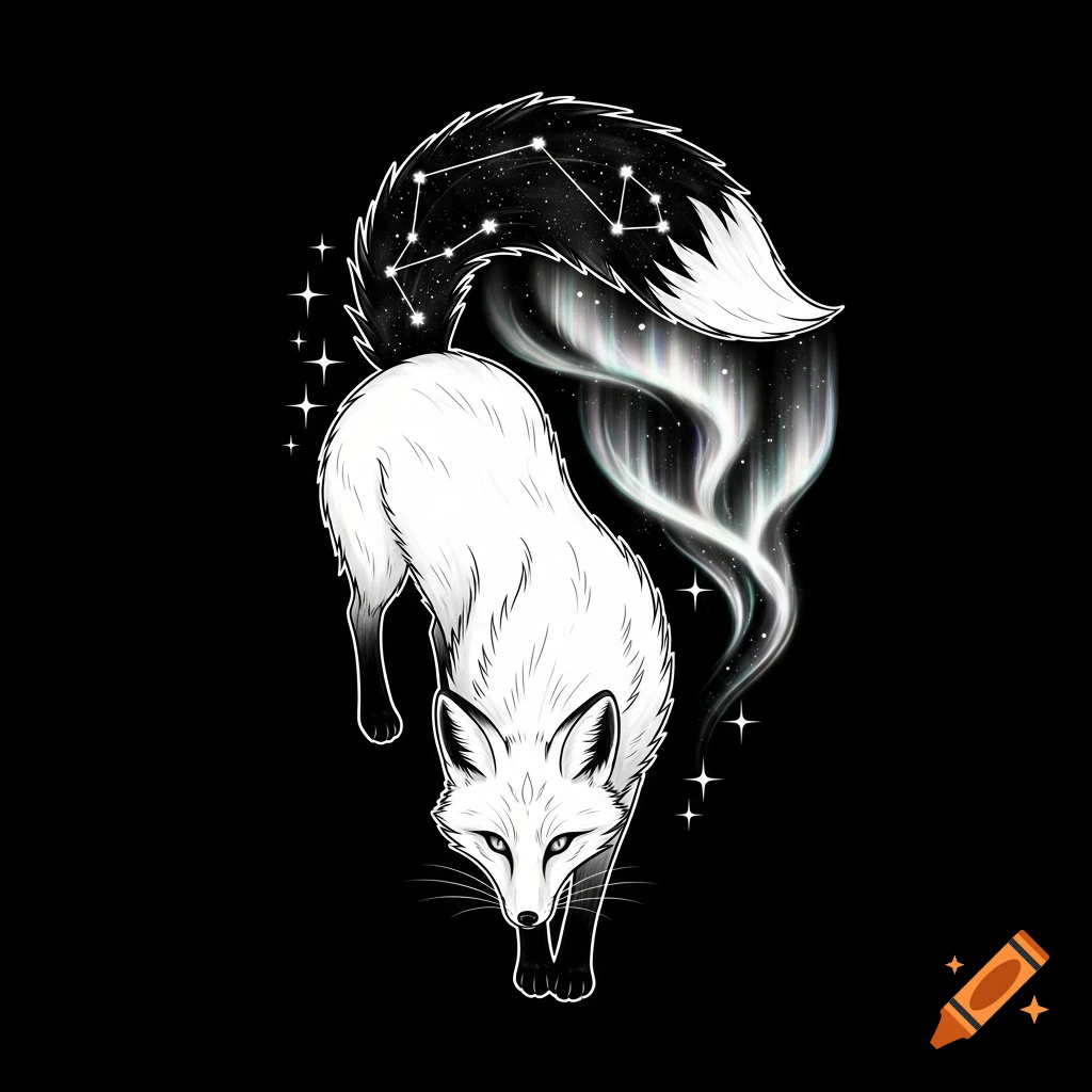 Stylized white fox with a tail filled with constellations and aurora lights flowing from its back on a black background.