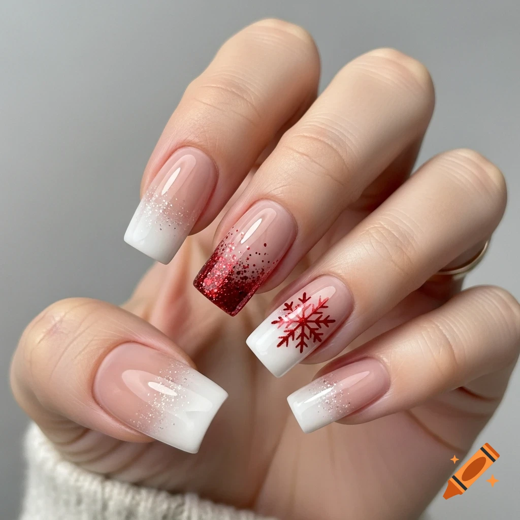 Close-up of a hand with square-shaped Christmas nail art, featuring white ombre, red glitter, and a red snowflake design.