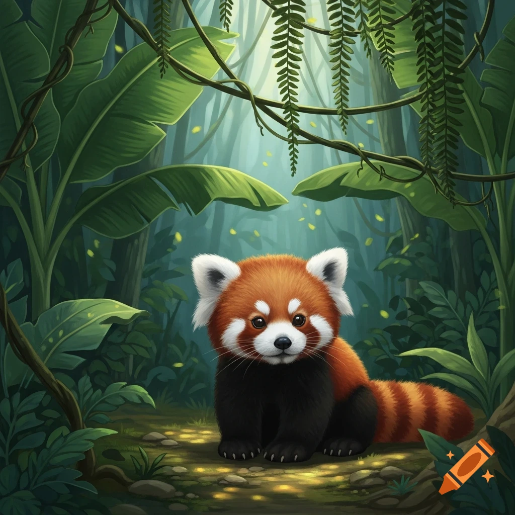 A cute baby red panda with a bushy striped tail sits on the jungle floor amidst lush green foliage.
