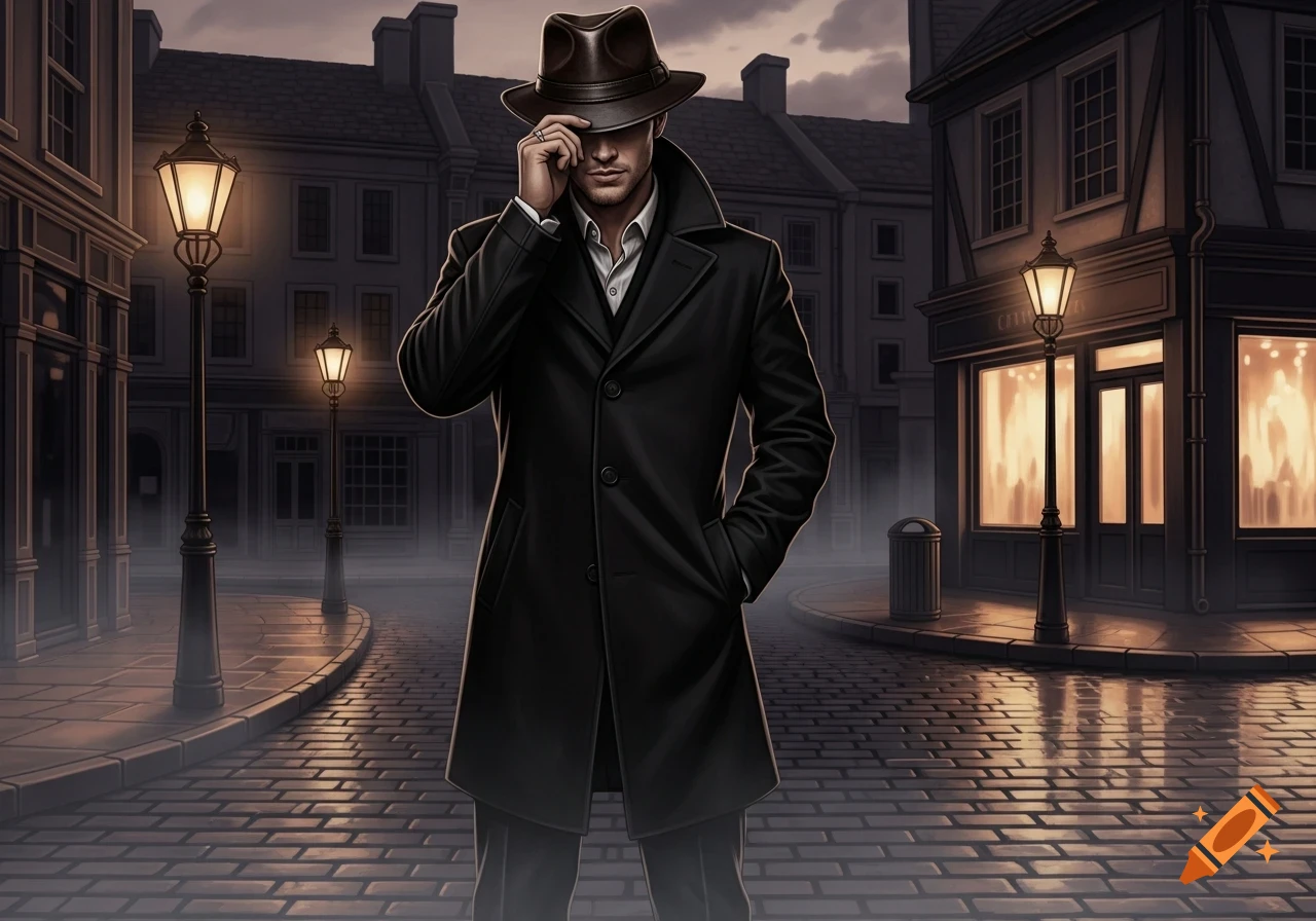 A man in a black trench coat and fedora stands on a cobblestone street in a dimly lit city at dusk, with buildings and streetlights.