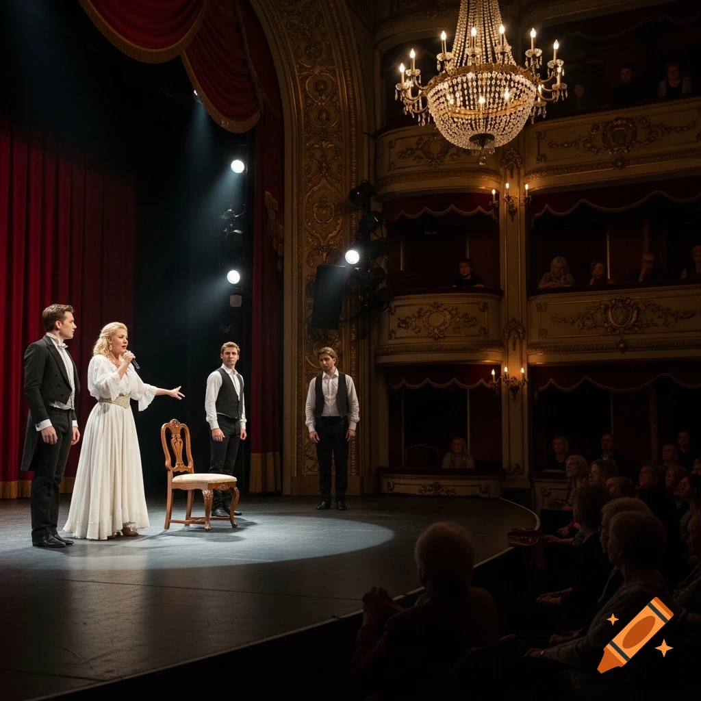 A blonde woman sings into a microphone on an ornate theater stage with three men, a wooden chair, and an audience.