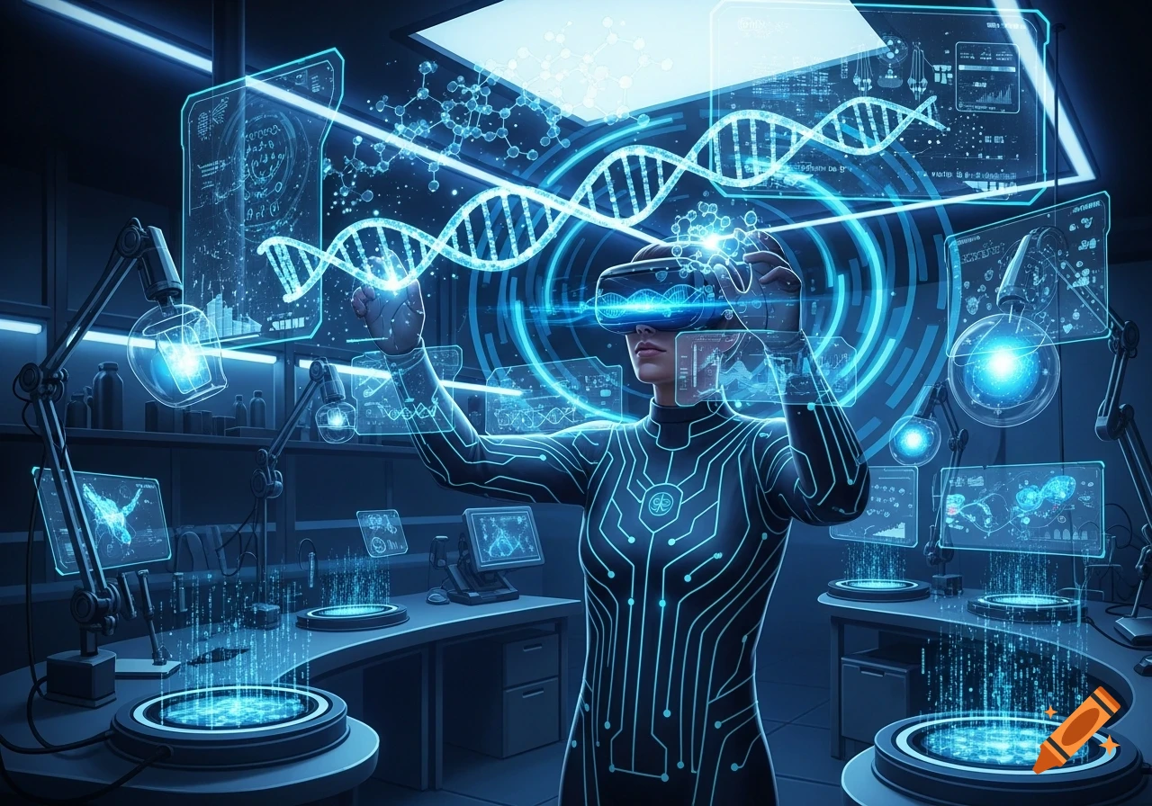 A person in a futuristic lab wears a VR headset, interacting with glowing holographic displays showing DNA strands and data in a blue digital art style.