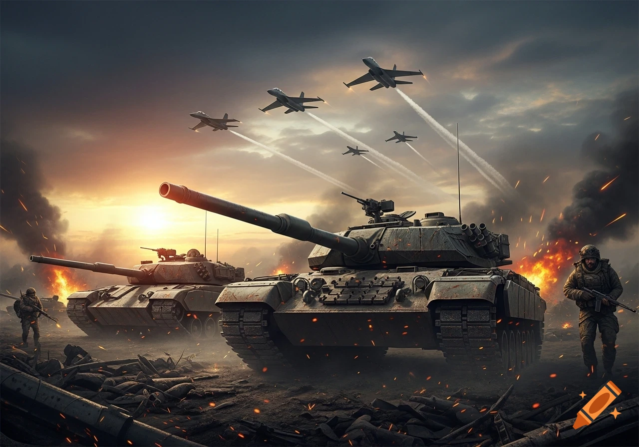 Two tanks and several fighter jets on a smoke-filled battlefield at sunset, with soldiers and debris amidst explosions.