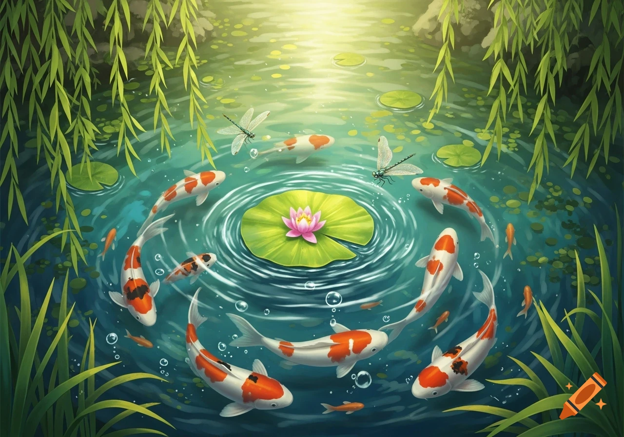 Vibrant pond with koi fish circling a pink lotus flower on a lily pad, framed by green willow leaves and dragonflies.