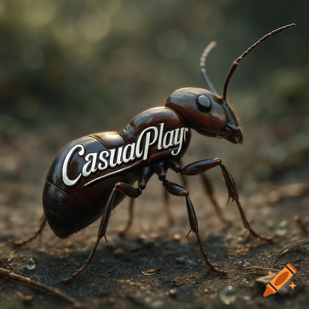 Photorealistic close-up of a brown ant with 'CasualPlayr' text on its body, on blurry ground.