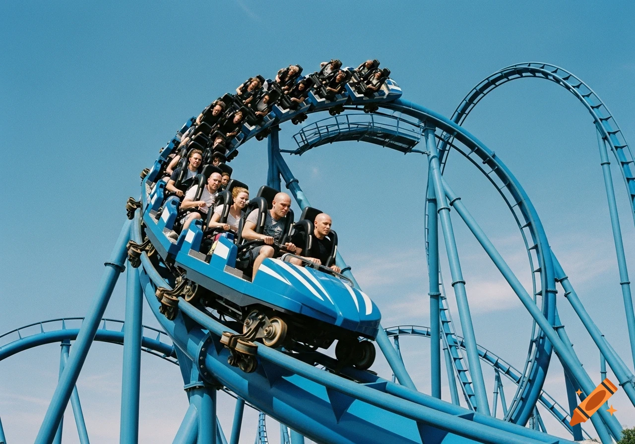 A blue roller coaster carrying passengers speeds down a track against a clear blue sky.