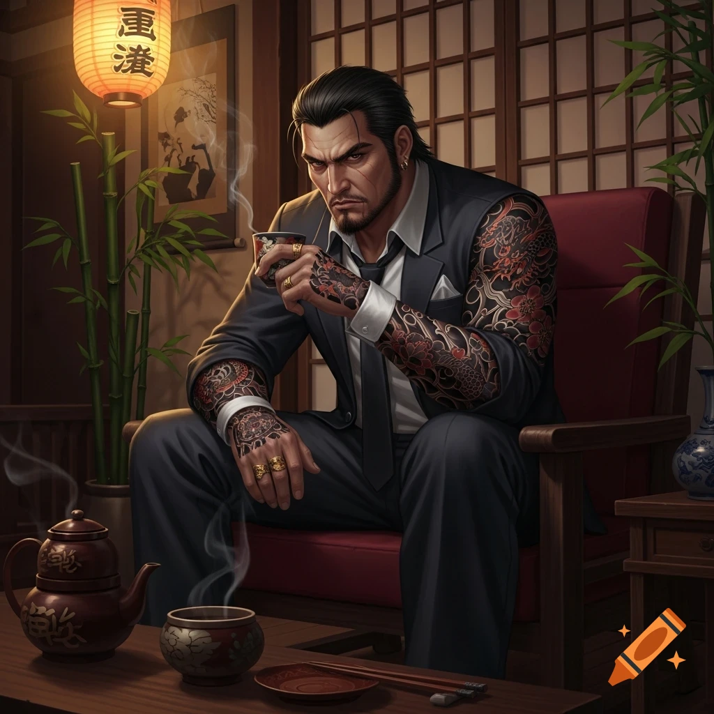 A heavily tattooed man in a suit sips tea in a traditional Japanese room, illuminated by a lantern.
