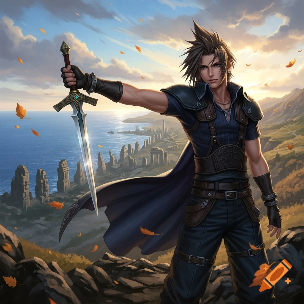 A spiky-haired male warrior in dark armor holds a sword on a rocky ...