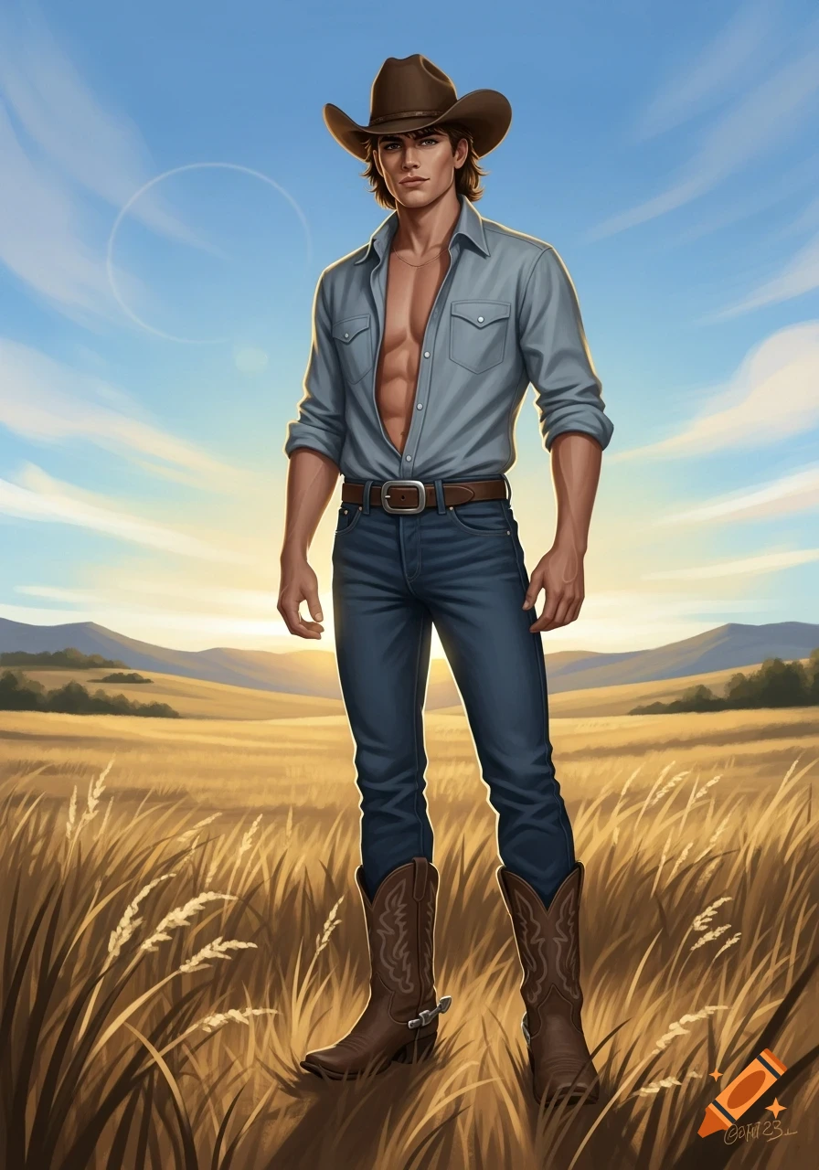 A handsome man in a cowboy hat, unbuttoned shirt, jeans, and boots stands in a golden field under a blue sky, digital art.