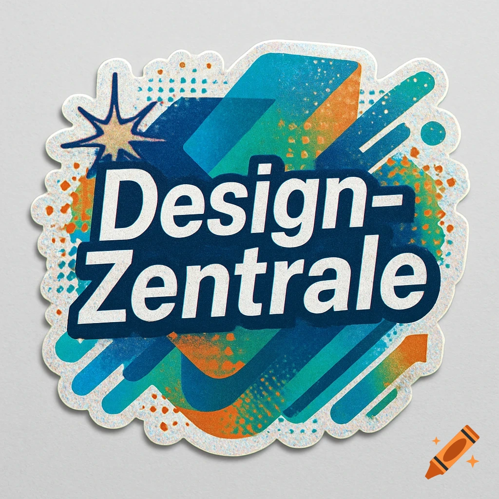 A colorful sticker with abstract blue and orange shapes and the white text 'Design-Zentrale'.