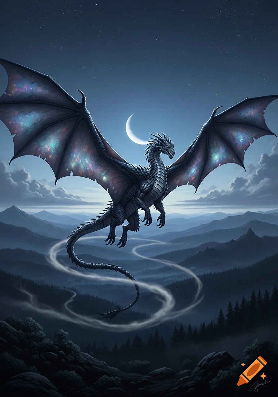 A dark dragon with shimmering, star-filled wings flies over a misty mountain range under a crescent moon and starry night sky.