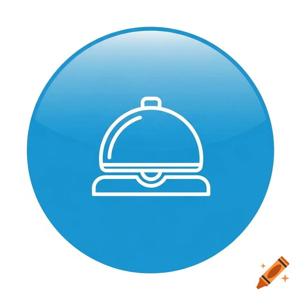 A white outline of a cloche reception bell on a glossy blue circular background.