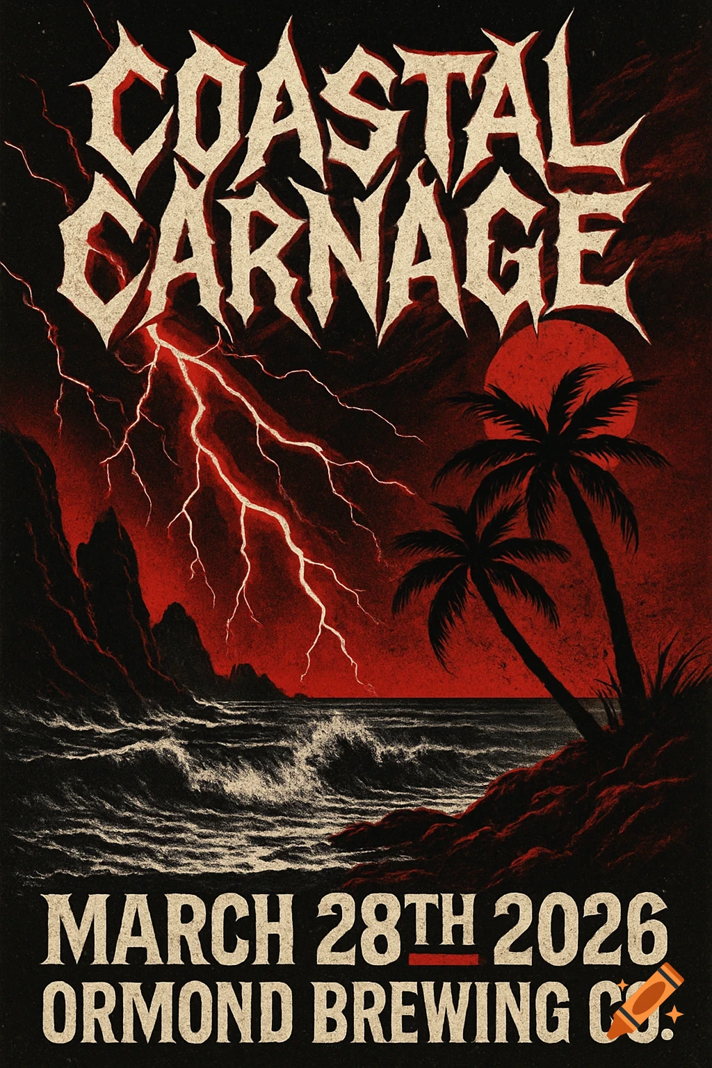 Heavy metal style concert poster for Coastal Carnage, March 28th 2026 at Ormond Brewing Co., featuring a stormy red-sky beach with lightning and palm trees.