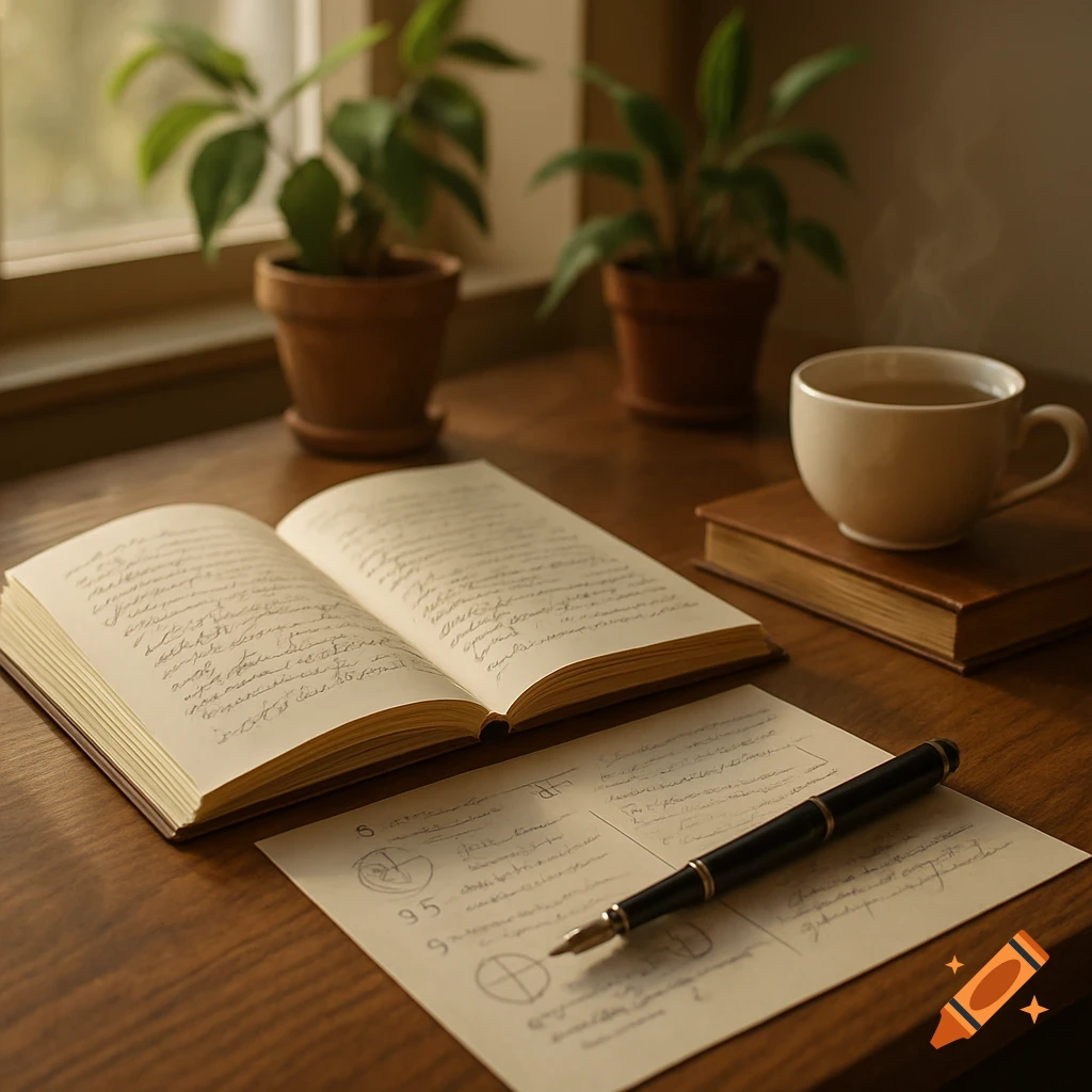 An aesthetic, warm-toned photo shows an open book, a pen on a paper with illegible notes, and a steaming cup of tea on a wooden desk near a window with potted plants.