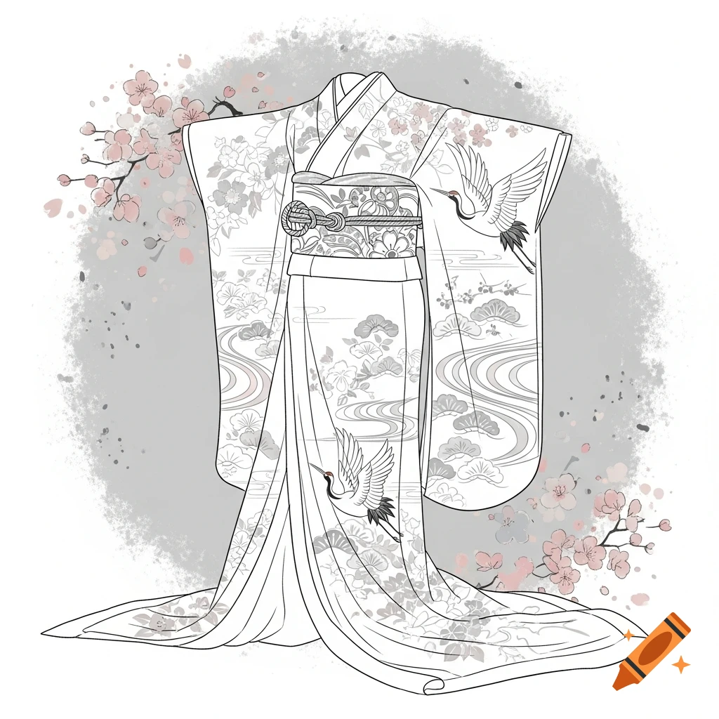 A line art drawing of a white kimono with grey patterns of cranes, flowers, and waves, accented by pink cherry blossoms on a grey textured background.