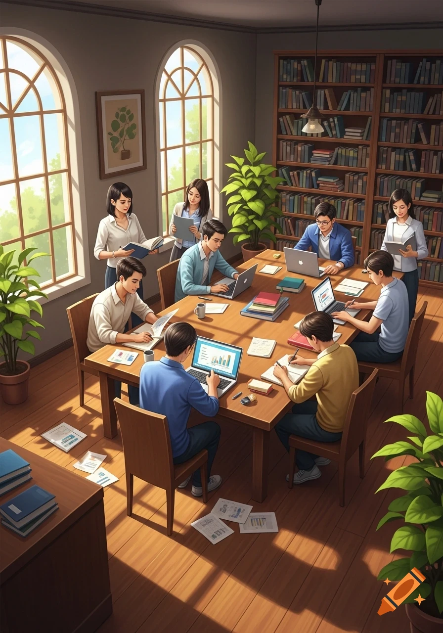 An illustration of students working and studying at a large wooden table in a sunlit room with large windows and a bookshelf.