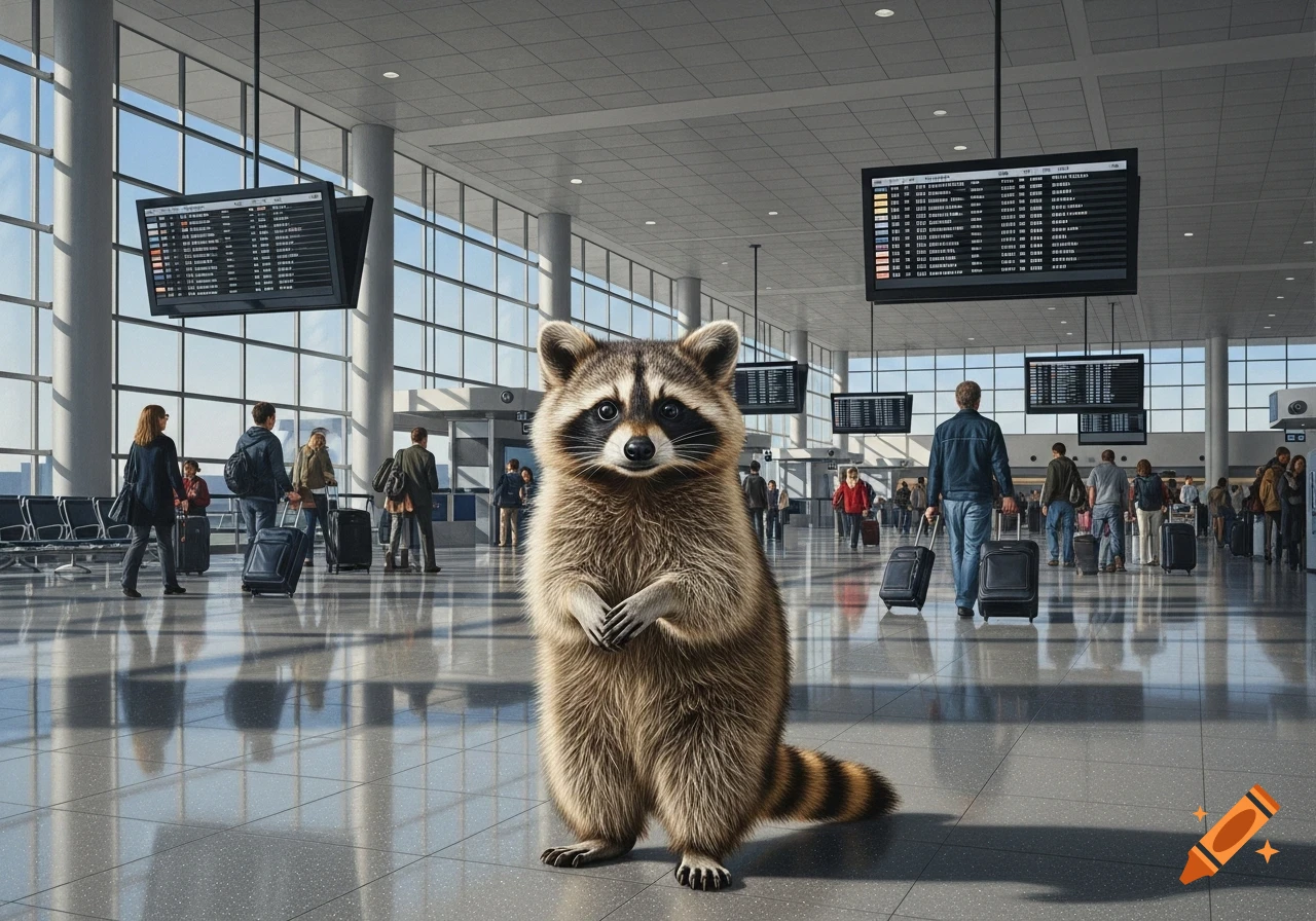 A realistic raccoon stands upright in the middle of a busy, modern airport terminal, with passengers and flight boards in the background.
