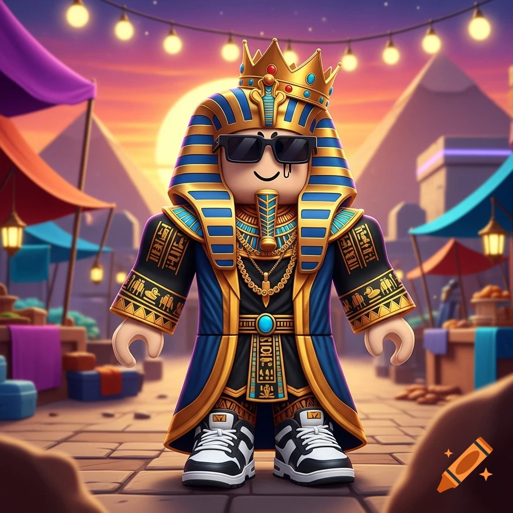 A stylized Roblox character dressed as an Egyptian pharaoh with a gold crown and sunglasses stands in an outdoor market with pyramids at sunset.