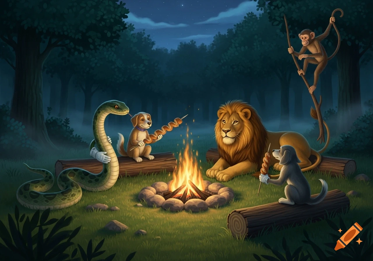 Cartoon animals camping at night: a snake with gloves, two dogs, a lion, and a monkey roast food over a campfire in a forest.