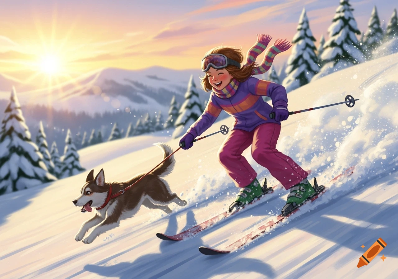 A happy girl skis down a snowy mountain with a brown and white dog on a leash, an illustration with a vibrant sunset.