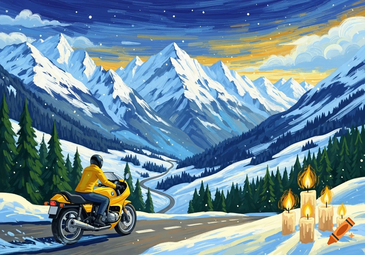 Stylized painting of a person on a yellow motorcycle driving through a snowy mountain valley, with candles burning in the foreground.
