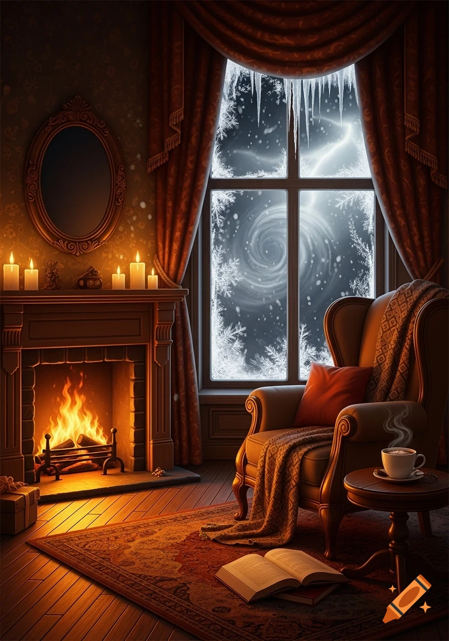 A cozy room with a lit fireplace, armchair, and open book, looking out a frosted window at a winter storm.