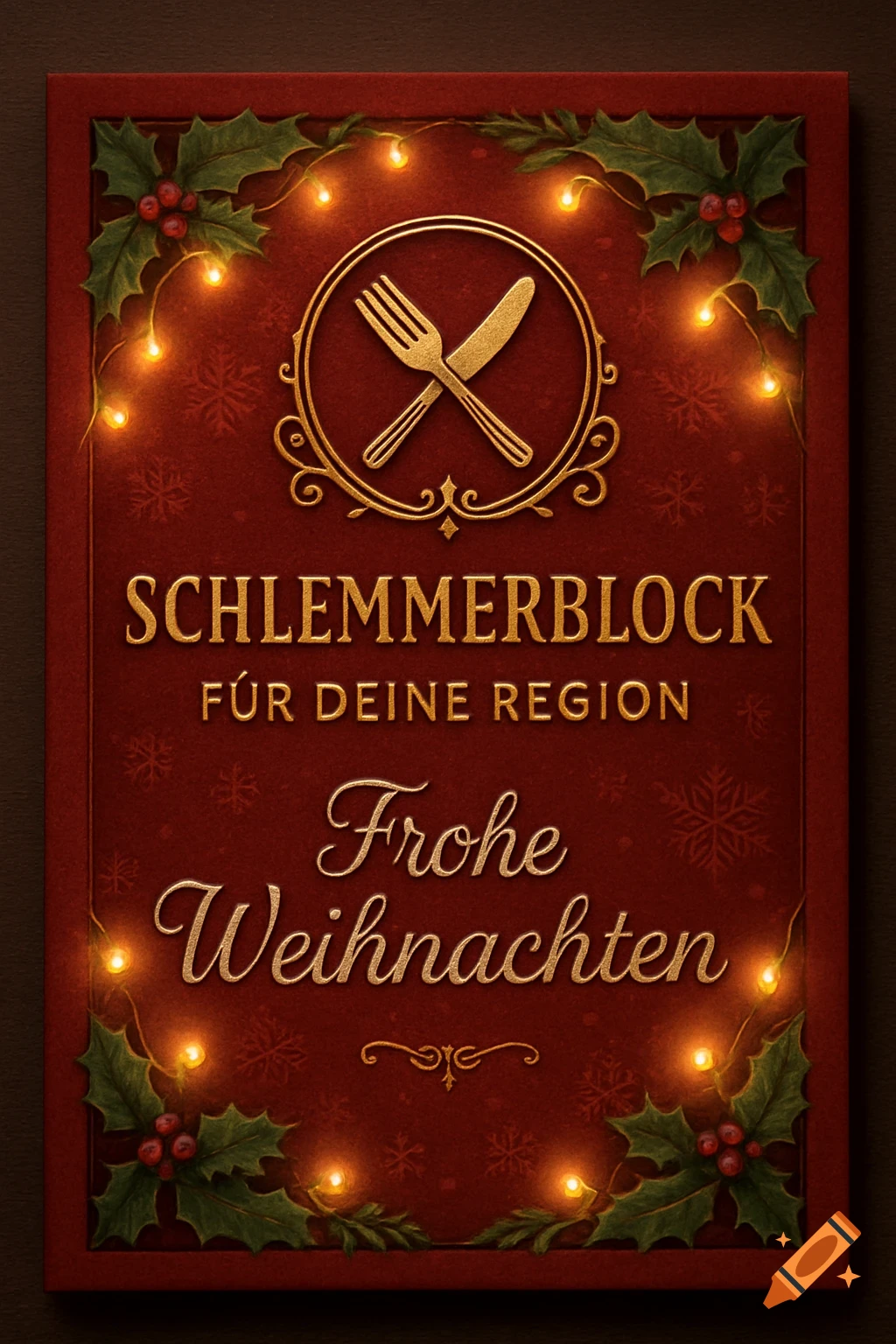 Red Christmas card voucher with a golden fork and knife icon, holly, string lights, and German text: 'Schlemmerblock für deine Region', 'Frohe Weihnachten'.