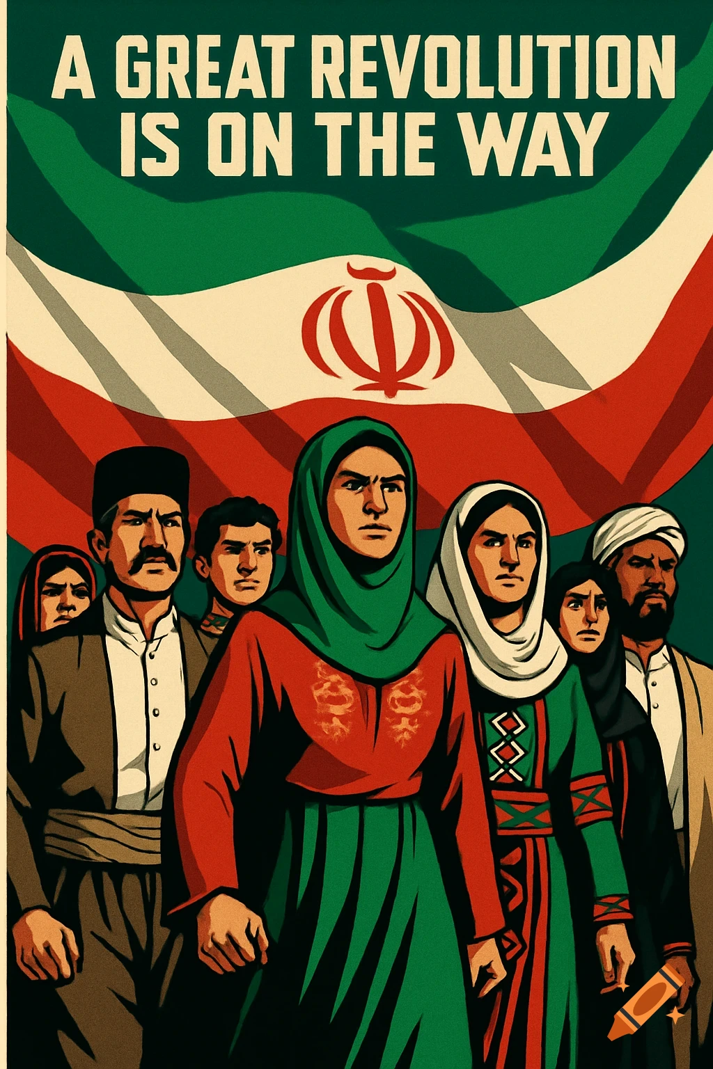 Illustration of determined Iranian people in traditional clothes, with a flowing Iranian flag. Slogan: 'A Great Revolution Is On the Way'.