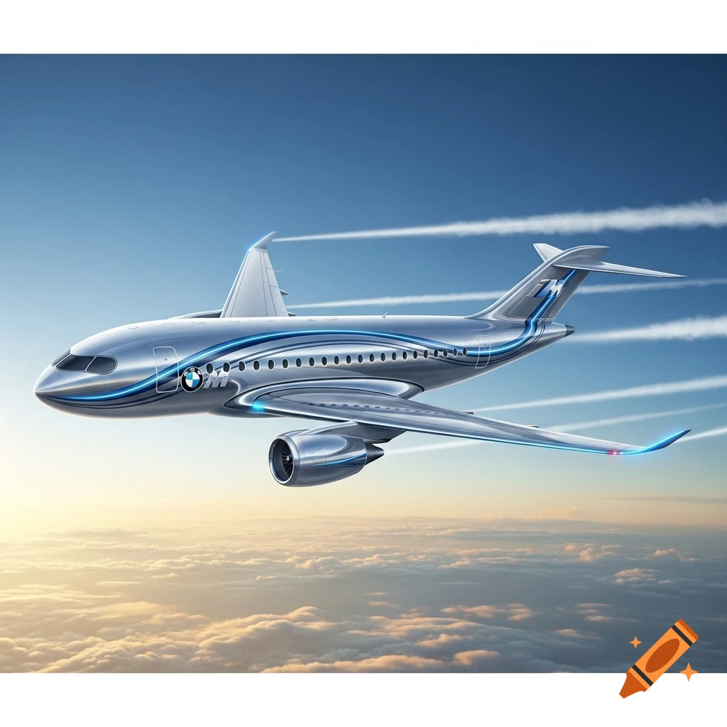 A sleek, futuristic silver airplane with glowing blue accents and a BMW logo flies above white clouds in a blue sky at sunset.