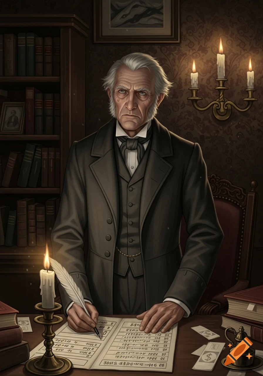 An old, stern-faced man with white hair, dressed in a dark suit, writes in a ledger by candlelight in a dimly lit study with bookshelves.