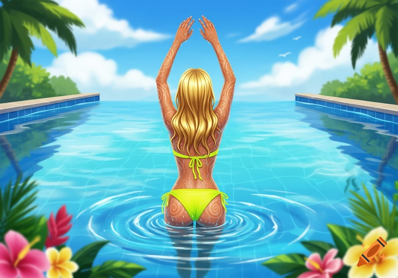 Illustrated view of a woman with long blonde hair in a neon yellow bikini, rising from a tropical pool with palms and flowers.