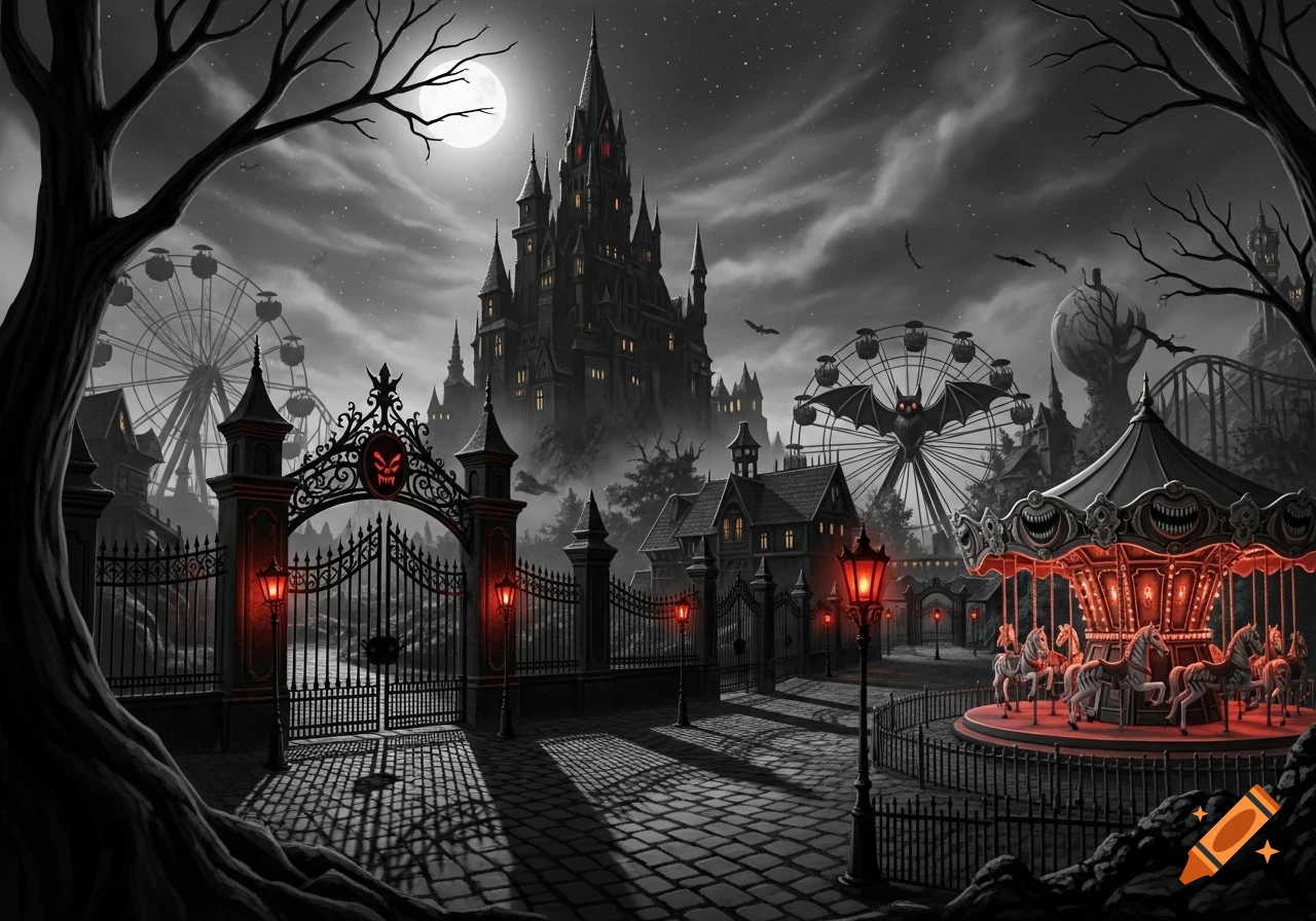 A dark, gothic amusement park at night with a towering castle, Ferris wheels, and a carousel, illuminated under a full moon.