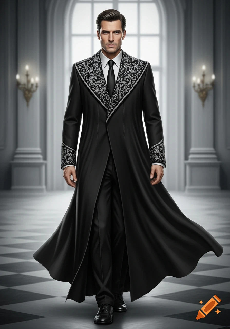 An elegant man in a black dress robe with intricate silver embroidery stands in a grand, brightly lit hall with a checkered floor.