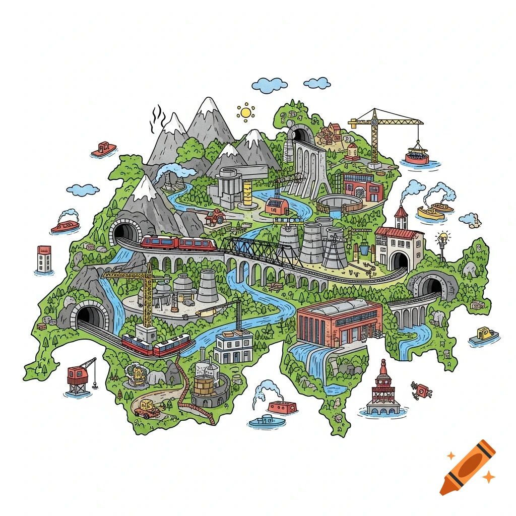 Detailed cartoon map of Switzerland showing mountains, rivers, trains, bridges, tunnels, hydroelectric dams, and industrial plants.