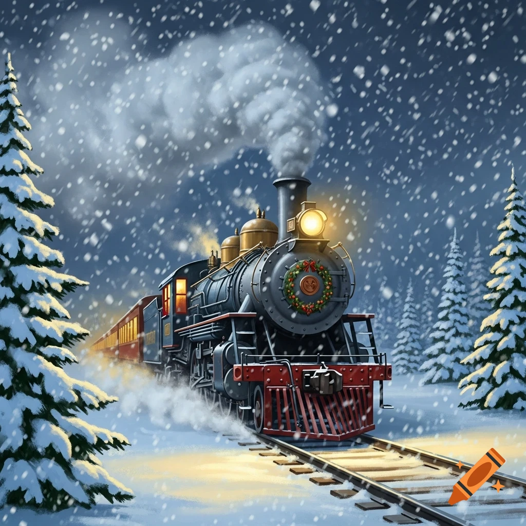 A festive antique train with a Christmas wreath and a bright headlight steams through a snowy forest under a dark winter sky.