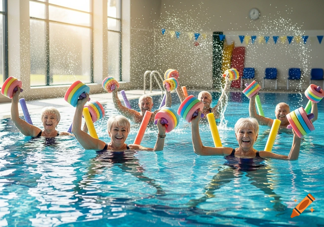 Smiling seniors doing water aerobics in a sunny pool with colorful pool noodles and water weights, water splashing.