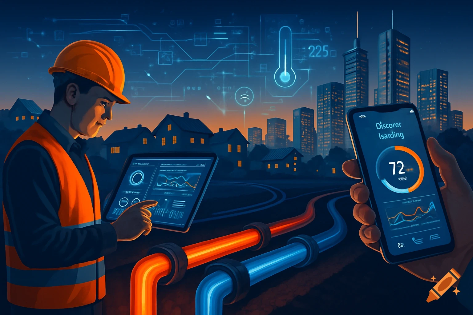Technician in a hard hat and safety vest monitors smart city infrastructure on a tablet, with a hand holding a smartphone displaying an energy app. Futuristic digital overlays float above a city skyline with glowing pipes underground.
