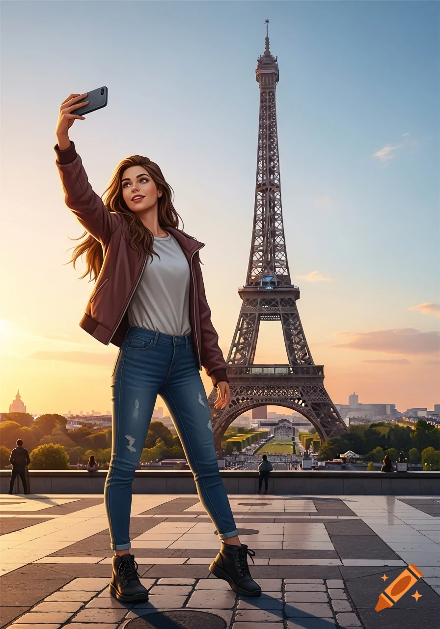 A young woman in a brown jacket and jeans taking a selfie with the Eiffel Tower in the background at sunset, in an illustrative style.