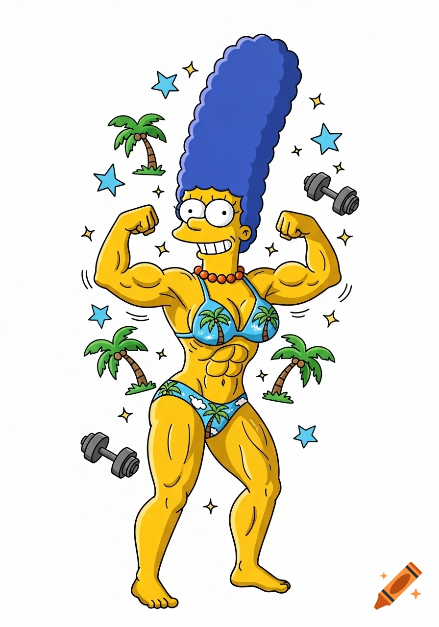 Cartoon illustration of a muscular Marge Simpson flexing her biceps in a blue bikini with palm tree patterns, surrounded by stars and dumbbells.