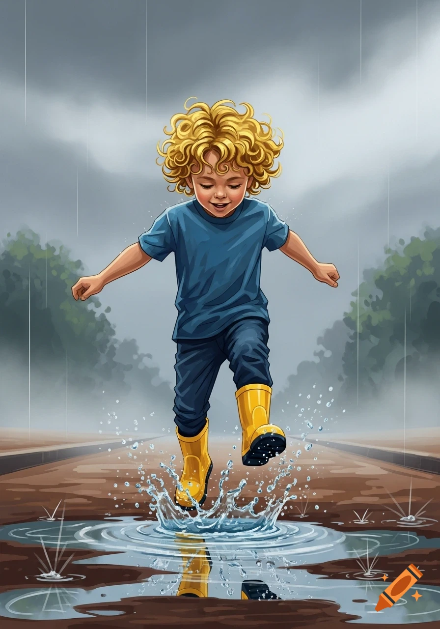 An illustration of a happy blonde boy with curly hair and yellow boots joyfully jumping in a puddle, splashing water on a rainy day.
