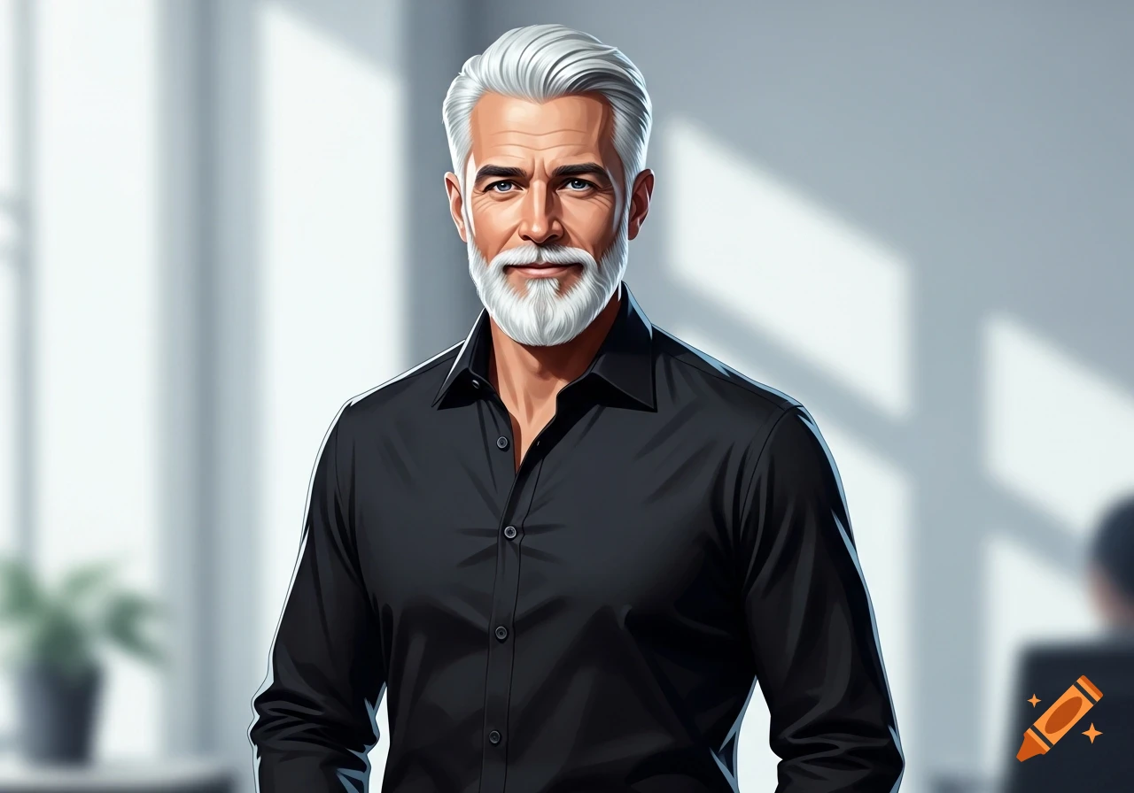 A distinguished man with white hair and a white beard, wearing a black collared shirt, smiles confidently in a blurry office background.